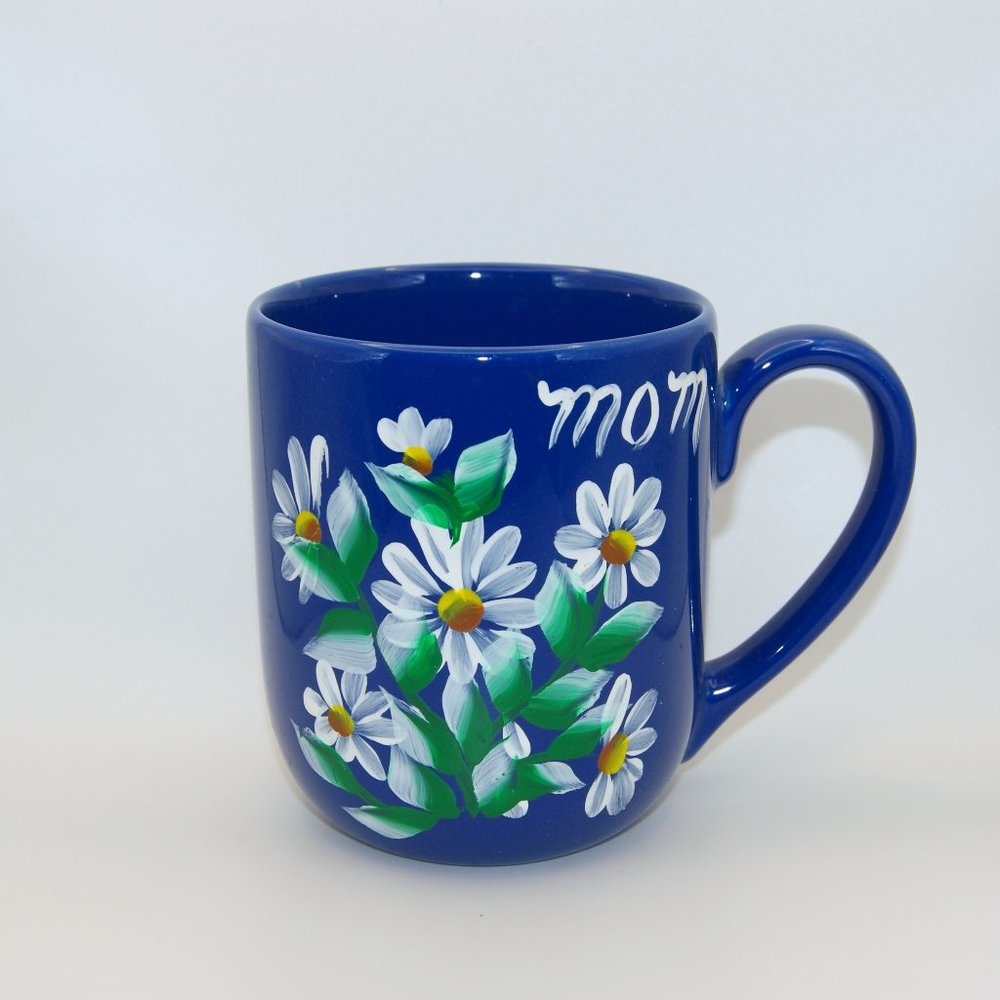 Mom Coffee Tea Mug Hand Painted Floral Daisy Dark Blue